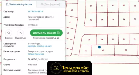 Продажа  земельного участка 1000 кв. м., с кадастровым номером 39:19:010128:45, расположенного по адресу: Калининградска...